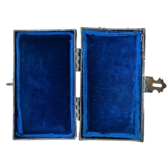 Vintage Copper Trinket Box With Brass Hardware & Blue Velvet Lining 4 3/8" L - Picture 2 of 11